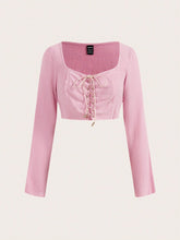 Women's Casual Solid Color Cross-Tied Cropped Long Sleeve Shirt, Spring